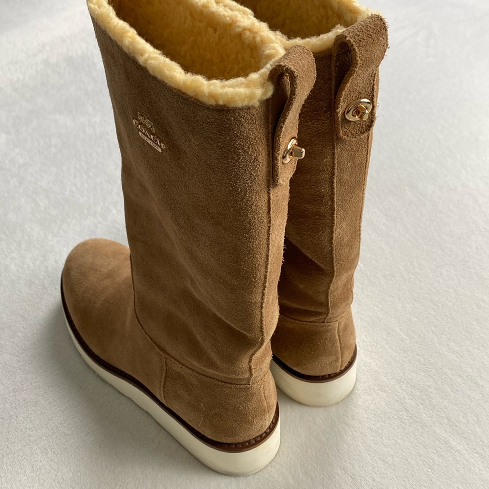 Coach Vitoria Suede Faux Curly Shearling Mid Calf Boots | Camel/Natural - Picture 9 of 15